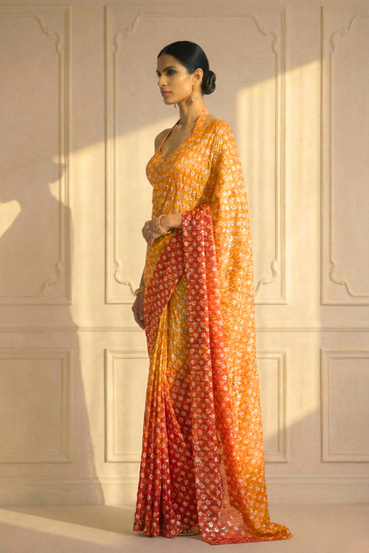 Dhiyona ST Sunset Orange and Yellow Ombre' Knitted Printed Sequin Saree with Blouse Fabric