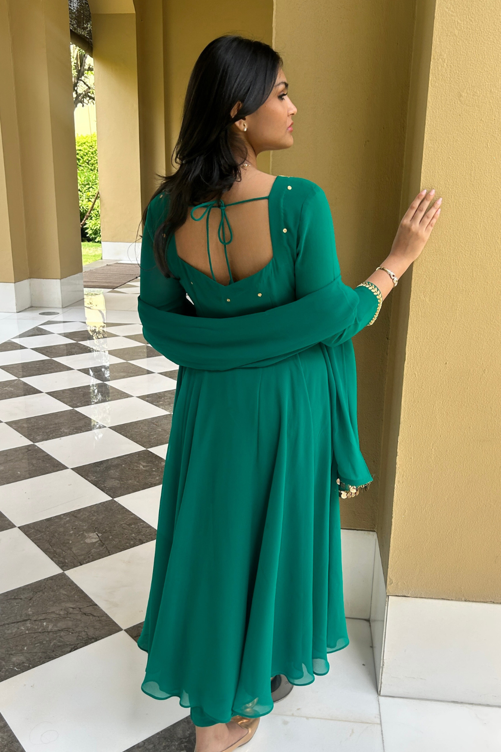 Dhiyona ST 3 pc Suit Set - Terribily Nice Green Georgette 3/4th Sleeve Anarkali with Gold Embroidery and Dupatta with Pants