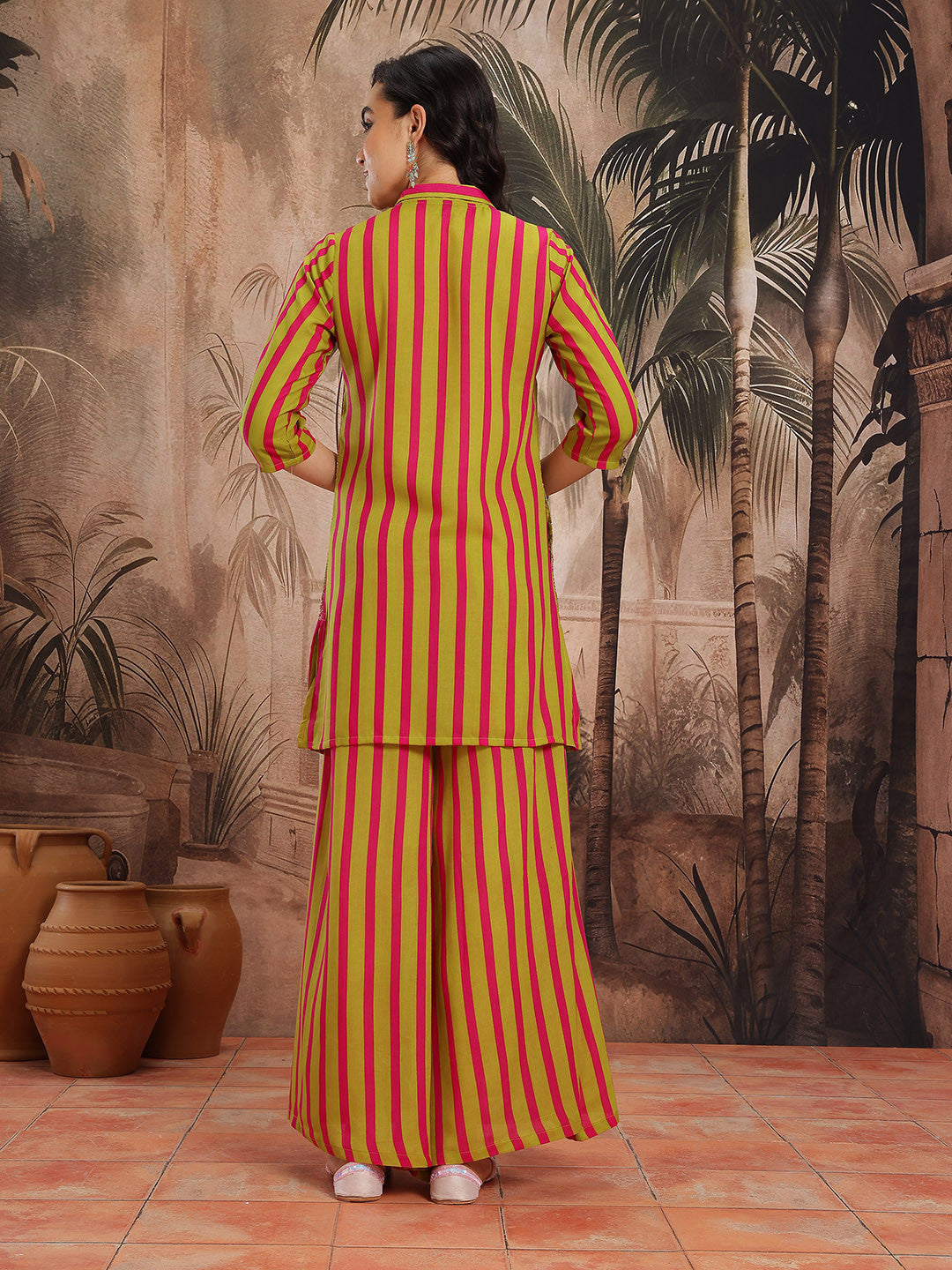 Vertically Striped Zari & Sequinned Detail Straight Kurti with Palazzos