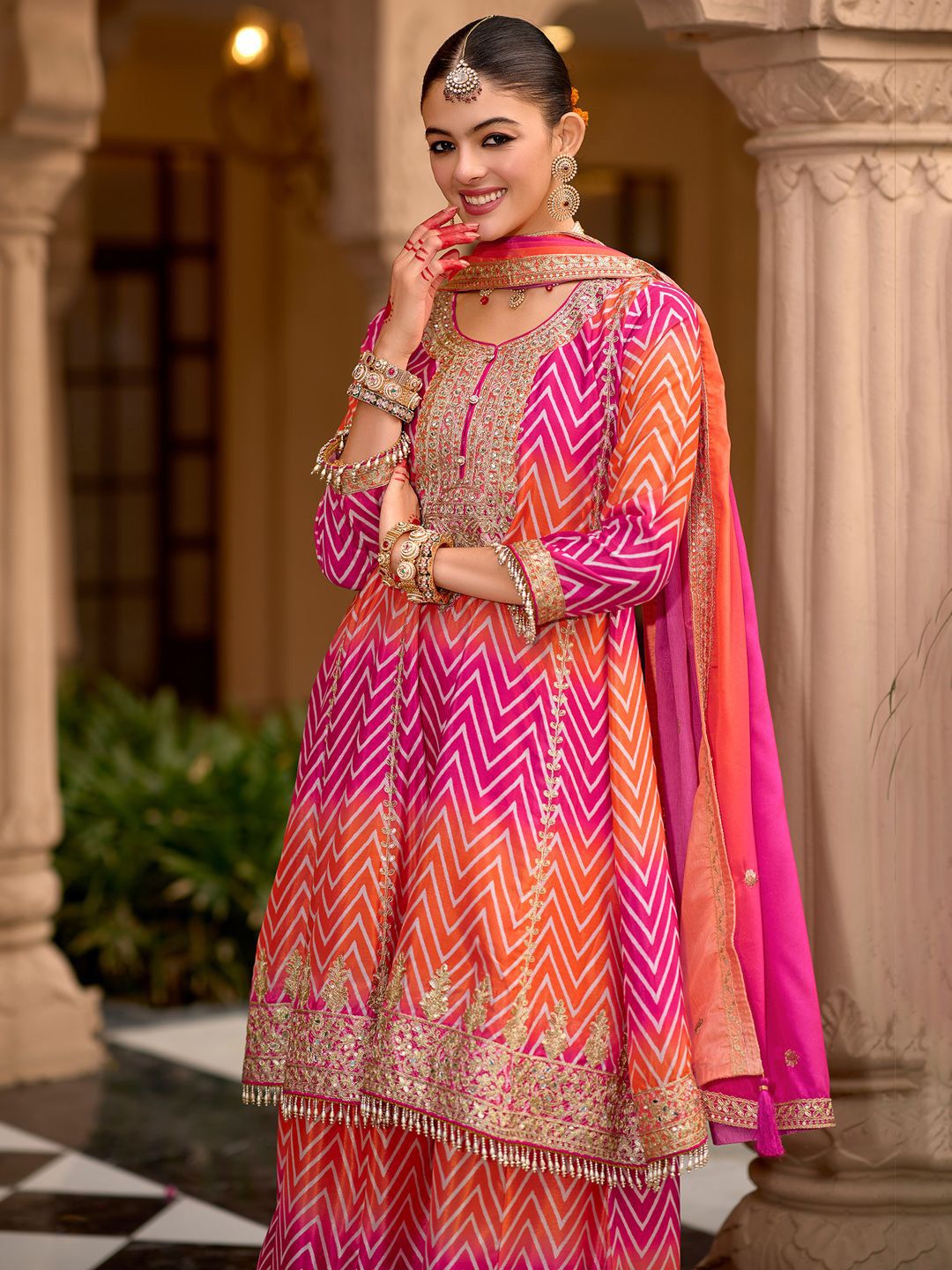 Dhiyona IE Chevron Printed Sequinned Round Neck A-Line Kurta With Palazzos & Dupatta