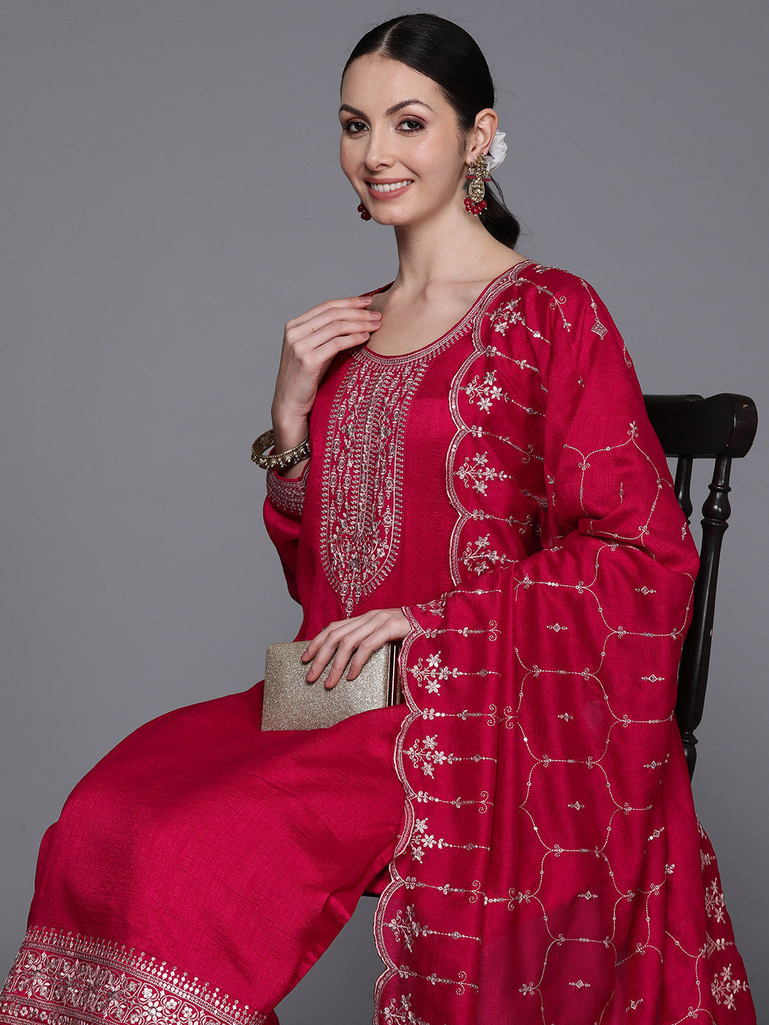 Ethnic Motifs Embroidered Sequinned Kurta with Trousers & Dupatta