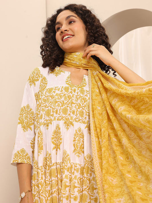 Womens Yellow Printed Cotton Anarkali Kurta With Trousers & Dupatta