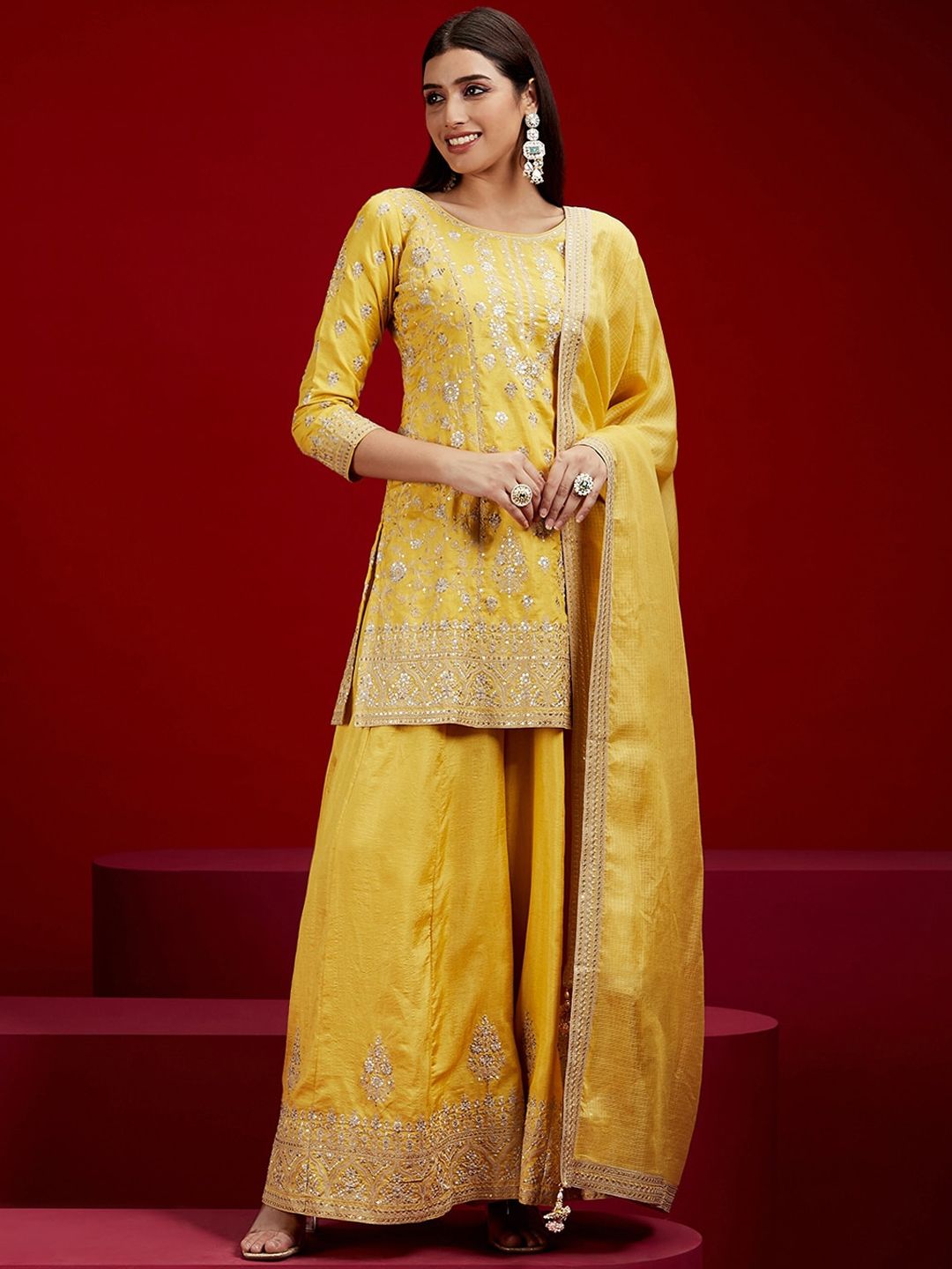 Dhiyona LL Floral Embroidered Sequinned Pure Silk Kurti with Palazzos & With Dupatta