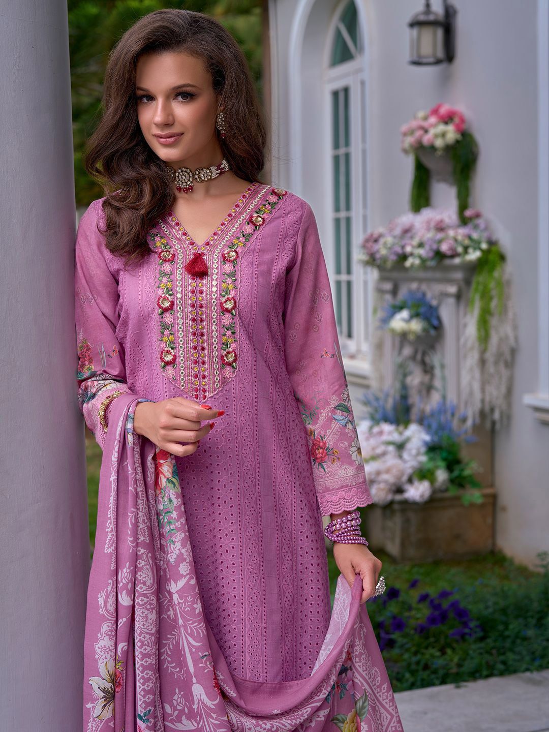 Dhiyona IE Floral Embroidered Mirror Work Pure Cotton Kurta With Trousers & Dupatta