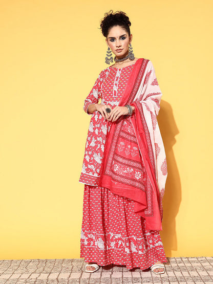 Floral Printed Kurta Sharara With Dupatta Pure Cotton Sets