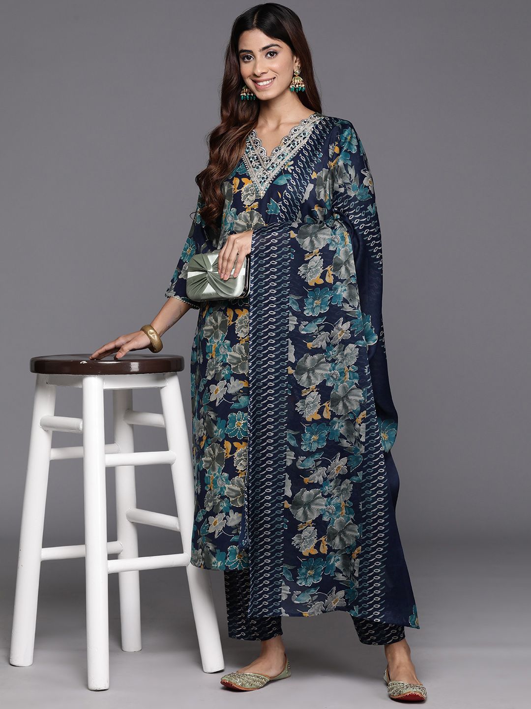 Blue Floral Printed Zari Embroidered Kurta with Trouser & Dupatta