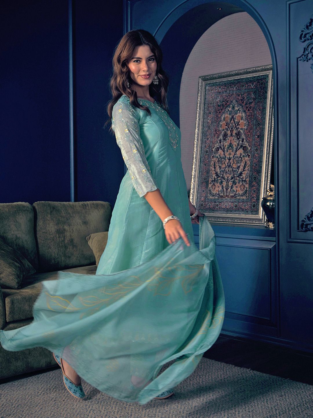 Dhiyona CH Floral Embroidered Pleated Sequinned Kurta With Trousers & Dupatta