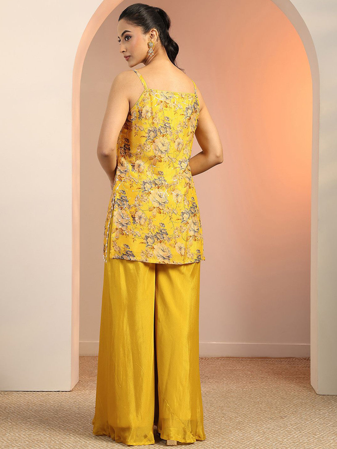 Floral Printed Shoulder Straps Sequinned Kurti With Palazzos