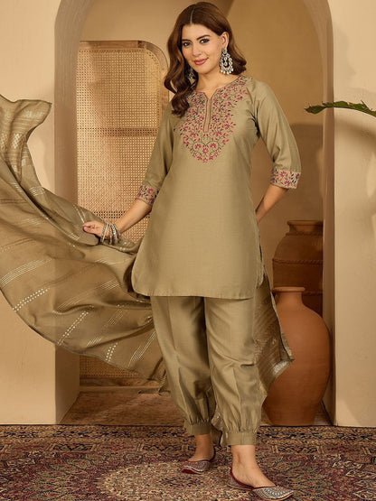 Women Olive Embroidered Kurta Sets With Dupatta