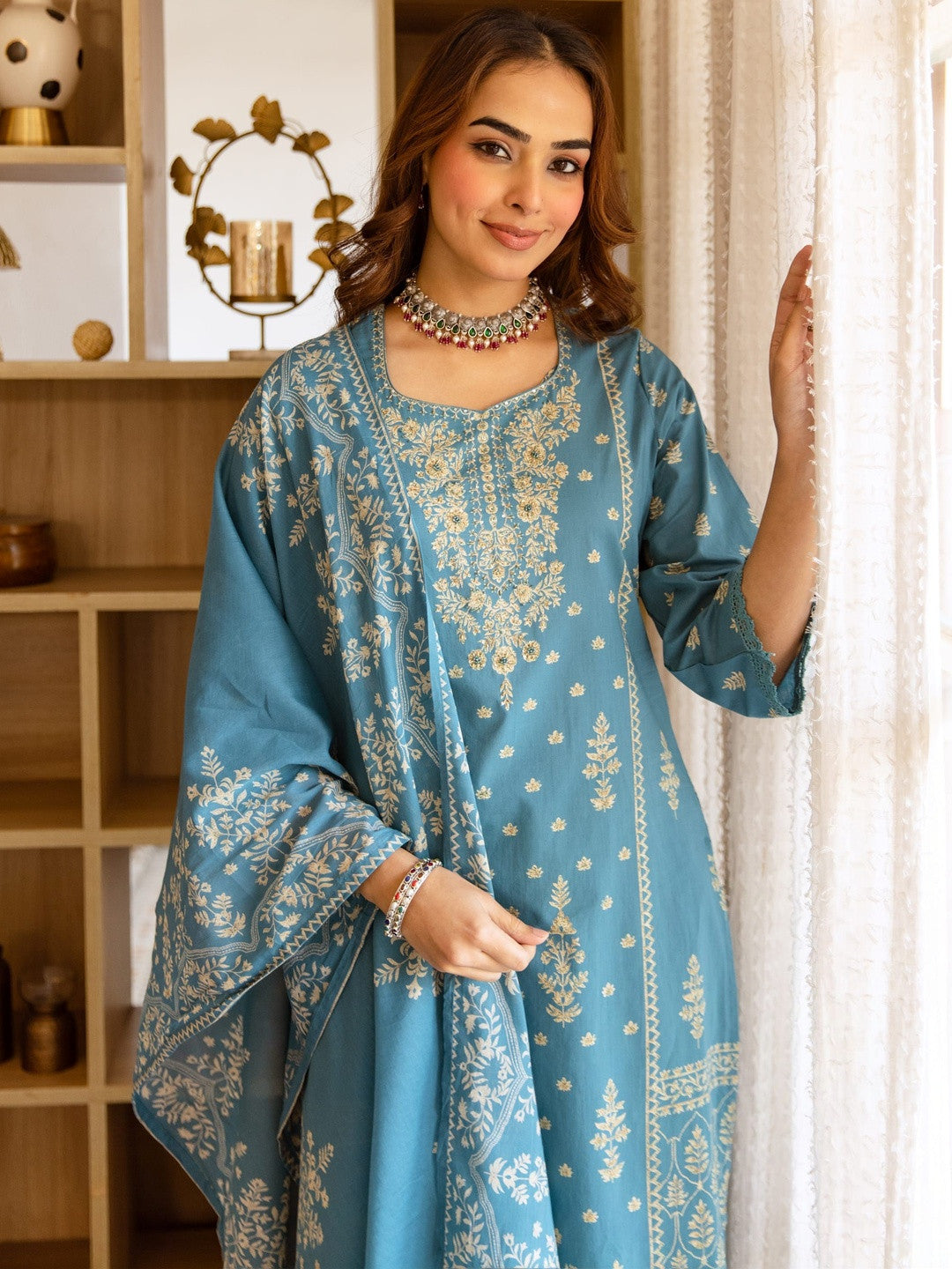 Printed Cotton Sweetheart Neck Kurta & Trousers with Dupatta