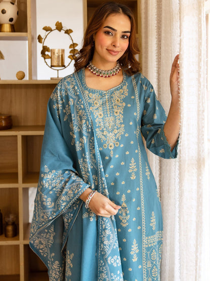 Printed Cotton Sweetheart Neck Kurta & Trousers with Dupatta