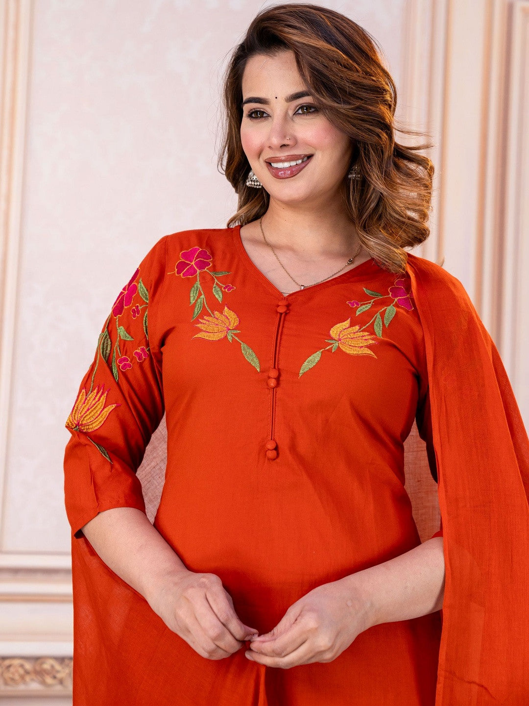 Embroidered Pure Cotton V-Neck Kurta & Trousers With Dupatta