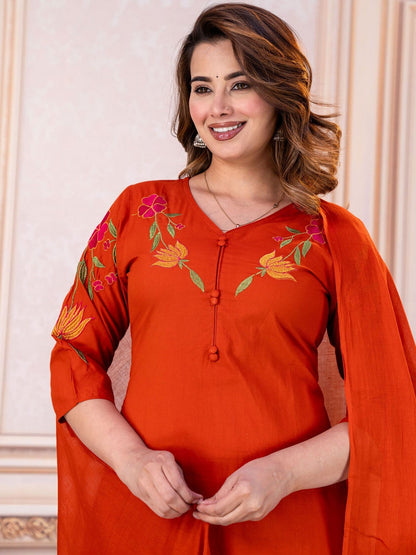 Embroidered Pure Cotton V-Neck Kurta & Trousers With Dupatta
