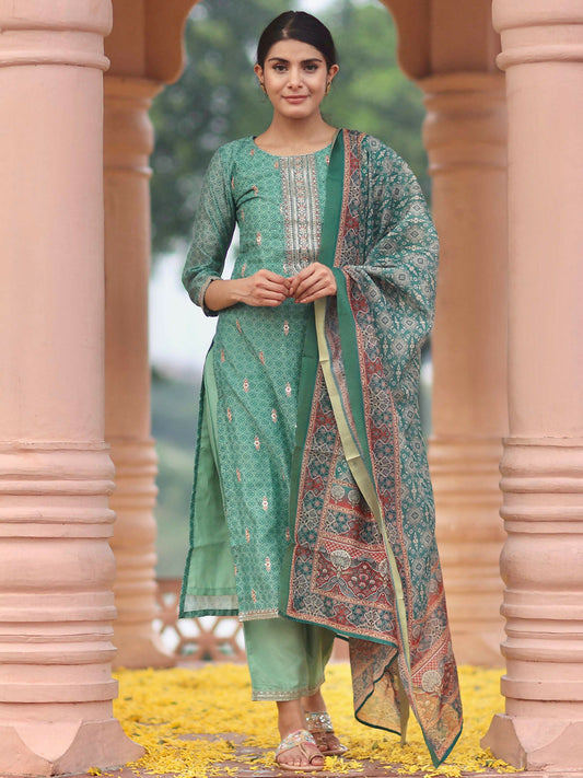 Women's LB Green Printed Silk Blend Straight Suit With Dupatta