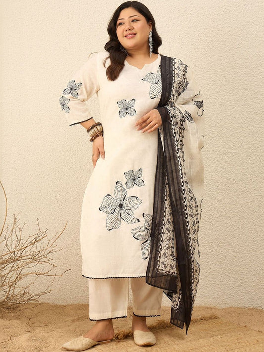 Dhiyona Women's Floral Printed Regular Pure Cotton Kurta with Trousers & With Dupatta