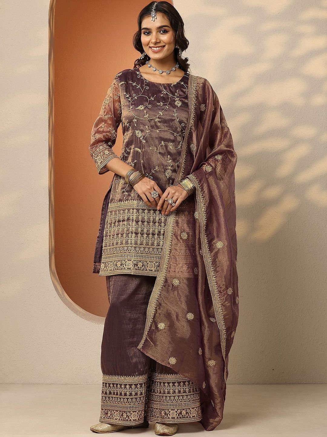 Dhiyona LL Women Ethnic Motifs Embroidered Regular Thread Work Kurta with Palazzos & With Dupatta