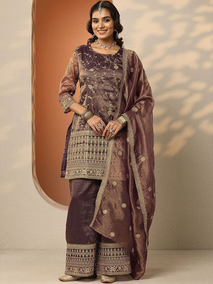 Dhiyona LL Women Ethnic Motifs Embroidered Regular Thread Work Kurta with Palazzos & With Dupatta
