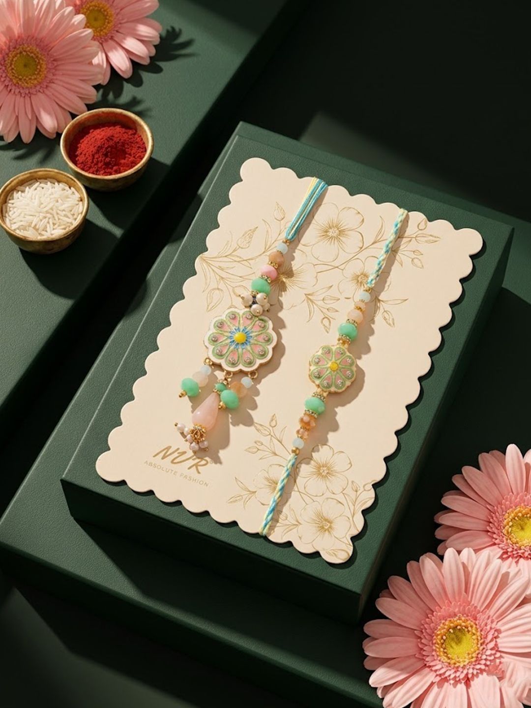 Dhiyona Set Of 2 Round Artificial Beads Traditional Bhaiya Bhabhi Rakhi With Roli Chawal
