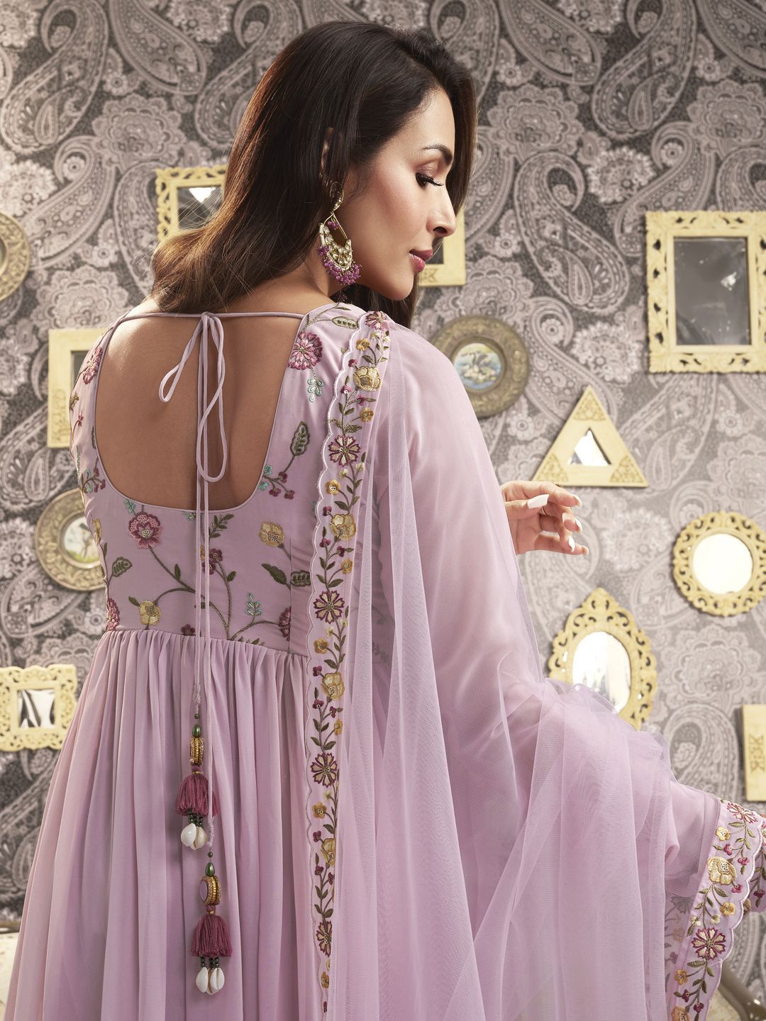 Dhiyona IN Pink Floral Embroidered Square Neck Georgette A-Line Kurta with Palazzo & Dupatta