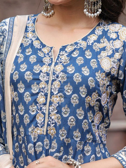 Dhiyona RR Women's Ethnic Motifs Printed Regular Sequinned Pure Cotton Kurta with Trousers & With Dupatta
