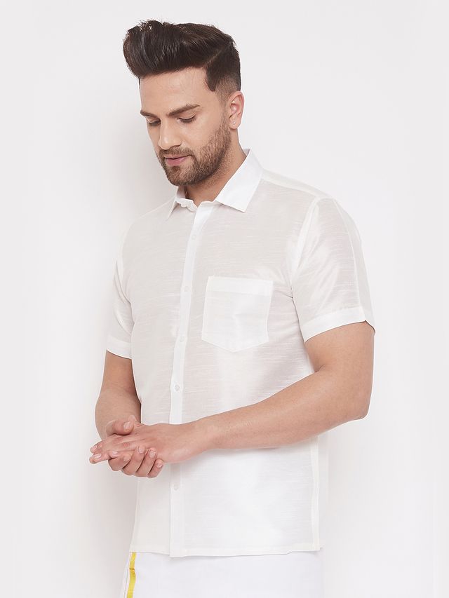 Men's Cream Silk Blend Straight Ethnic Shirt
