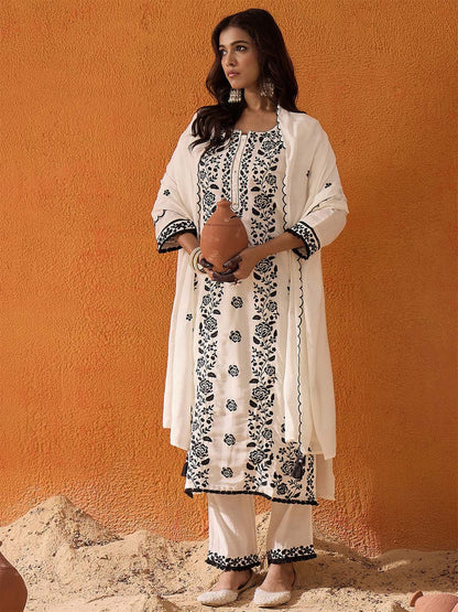 Floral Embroidered Thread Work Kurta With Trousers & Dupatta