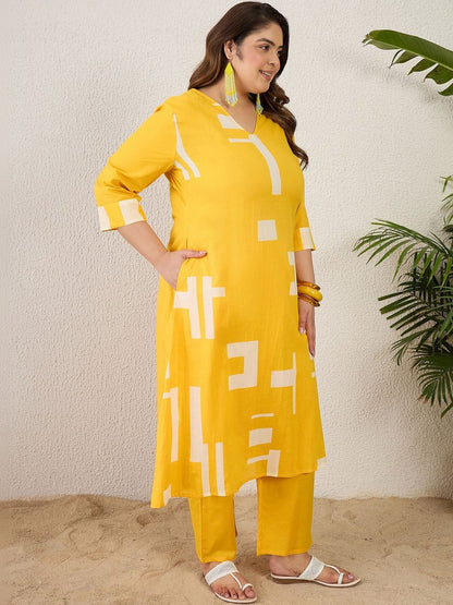 Plus Size Yellow Printed A-Line Kurta Trousers Set