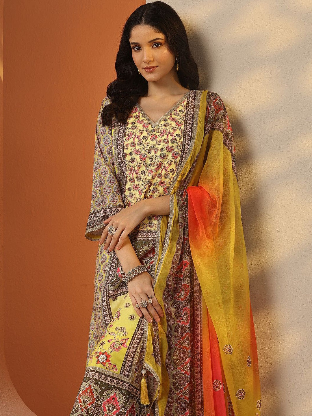 Ethnic Motifs Printed V-Neck Kurta With Trousers & Dupatta