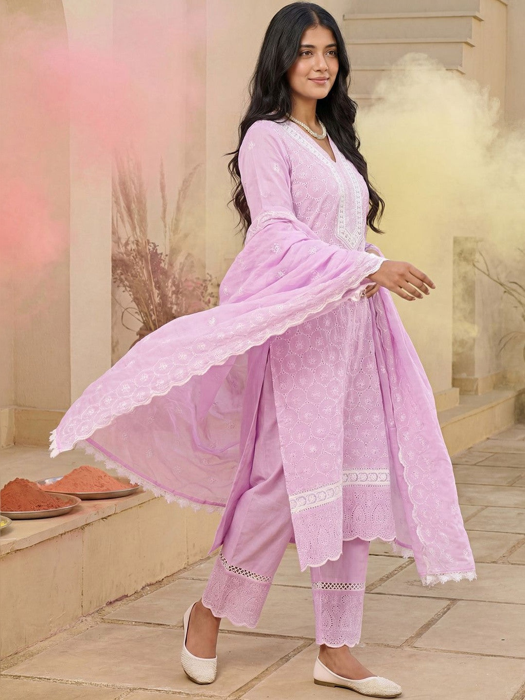 Women Embroidered Regular Chikankari Pure Cotton Kurta with Trousers & With Dupatta