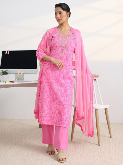Libas Pink Bandhani Print Straight Suit Set with Dupatta