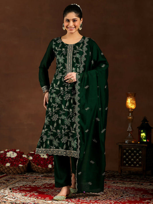 Women's LB Green Embroidered Silk Blend Straight Suit With Dupatta