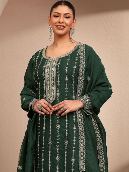 Dhiyona Women's Floral Embroidered Regular Thread Work Kurta with Trousers & With Dupatta