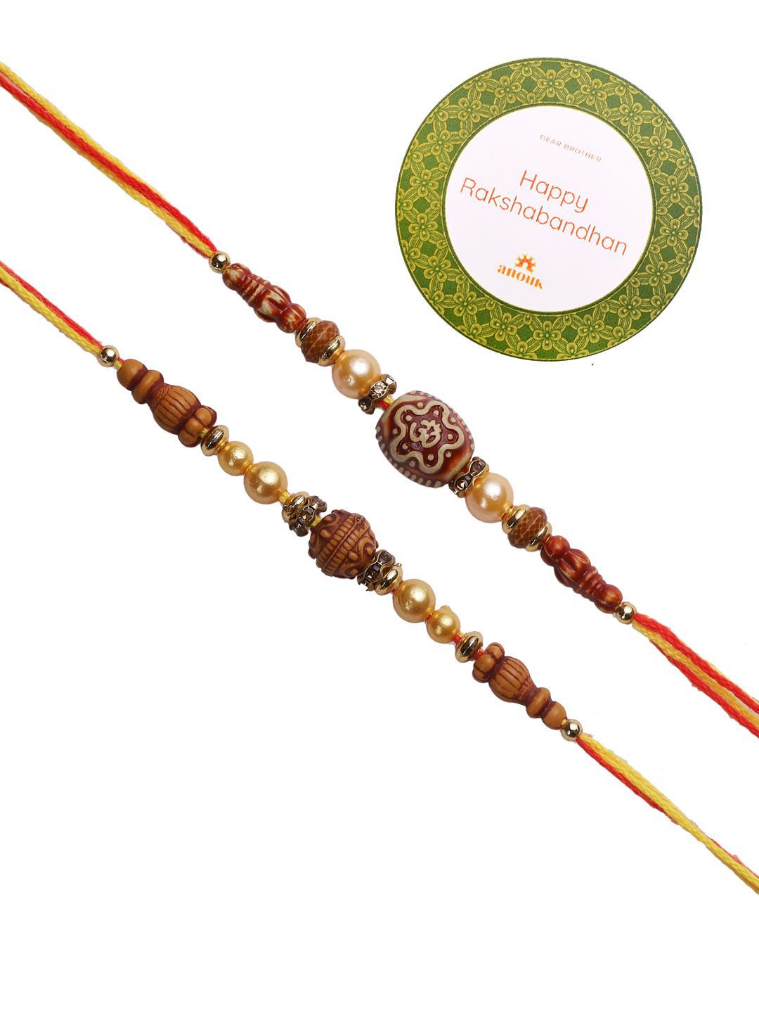 Dhiyona Set Of 2 Brown Beaded Rakhi With Roli Rice & Greeting Card
