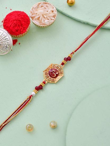 Dhiyona Red Stone-Studded & Beaded Thread Rakhi