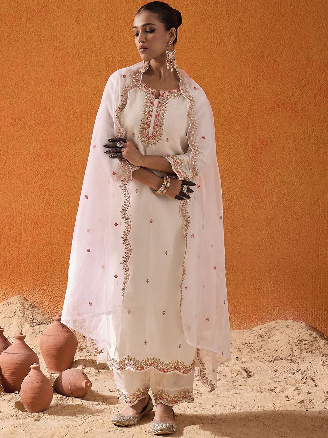 Dhiyona IE White and Pink Ethnic Motifs Embroidered Gotta Patti Kurta with Trouser & Dupatta