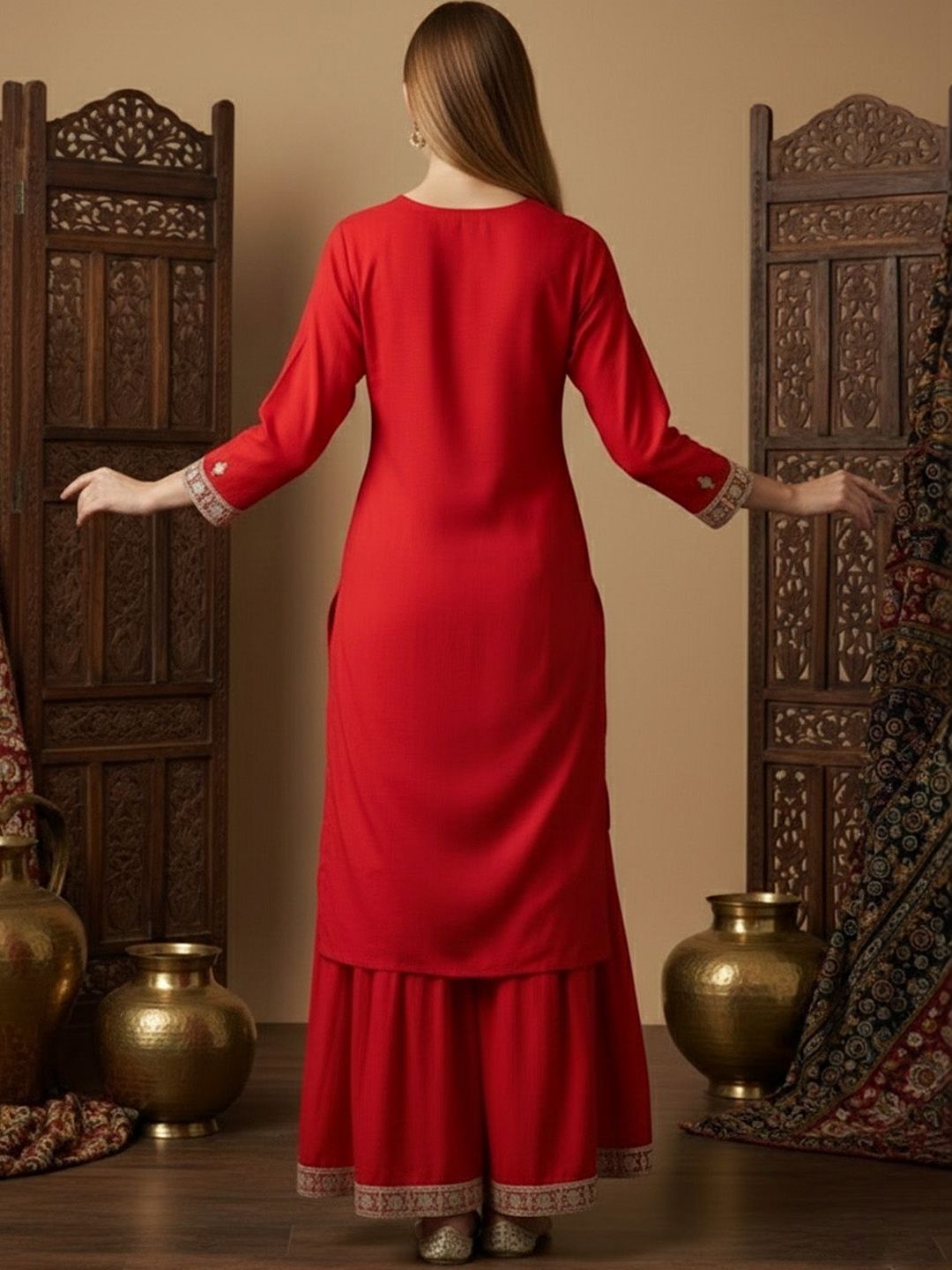 Dhiyona SN Embroidered Round Neck StraightKurta & Sharara With Dupatta