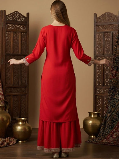 Dhiyona SN Embroidered Round Neck StraightKurta & Sharara With Dupatta