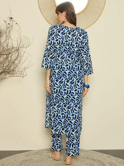 Dhiyona IE Women Printed V-Neck Cotton Top and Trousers Co-Ords