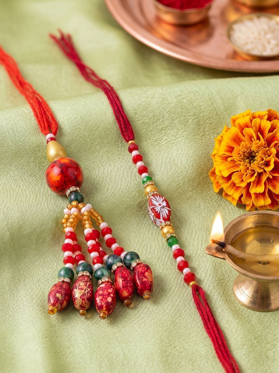 Dhiyona Set Of 2 Designer Red Artificial Beads Bhaiya Bhabhi Rakhi With Roli Chawal Chandan
