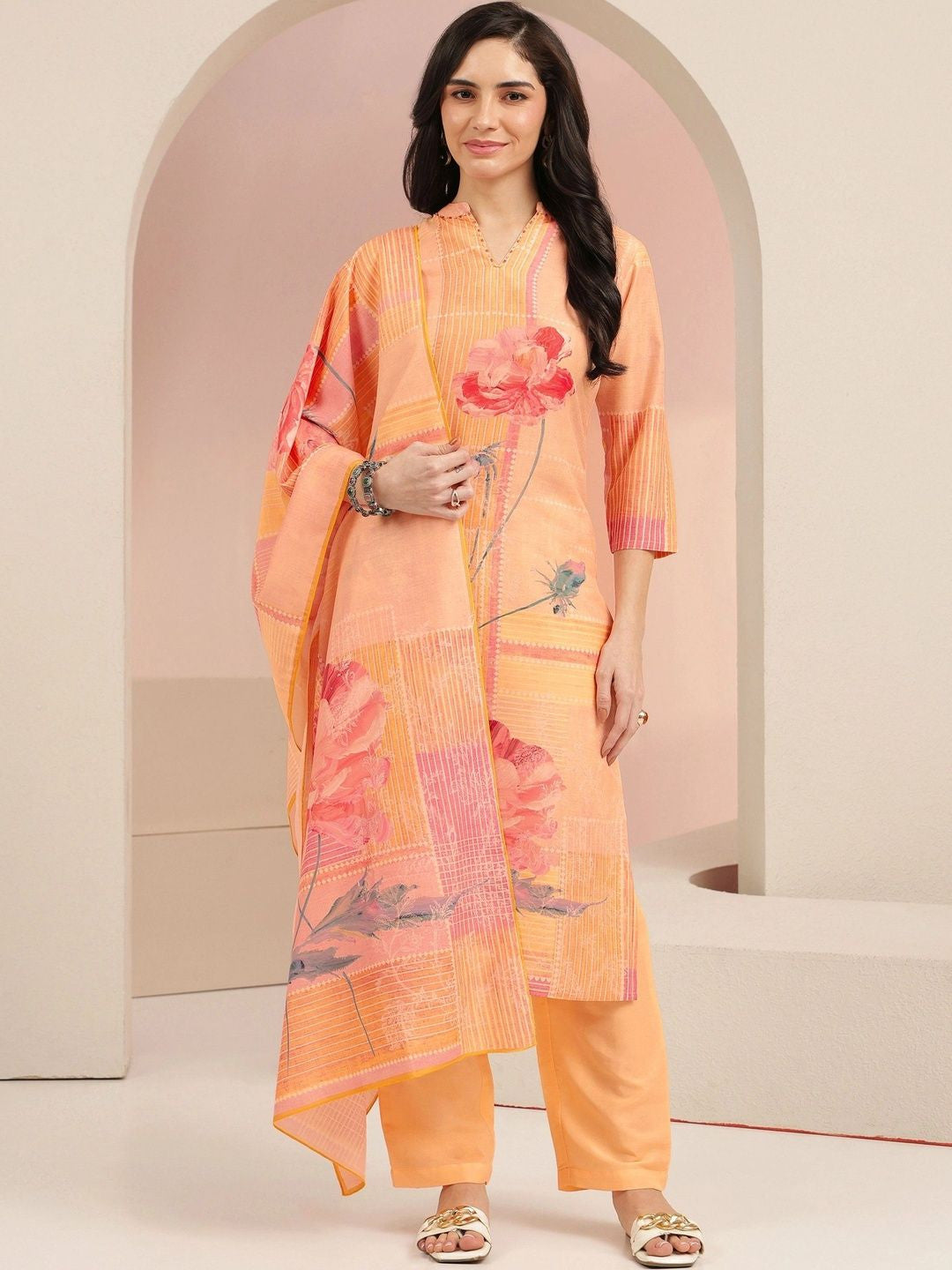 Peach Floral Printed Muslin Straight Suit Set