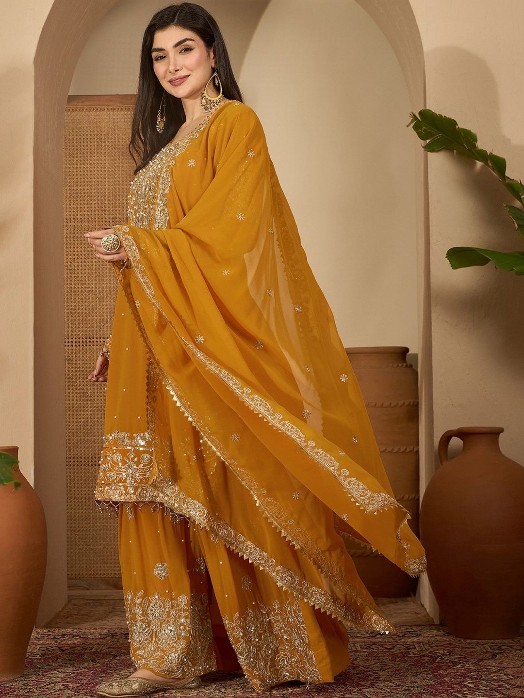 Dhiyona SN Women Ethnic Motifs Embroidered Regular Kurta with Sharara & With Dupatta