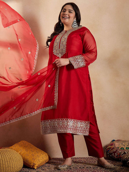 Dhiyona IN Women Ethnic Motifs Yoke Design Regular Sequinned Kurta with Trousers & With Dupatta
