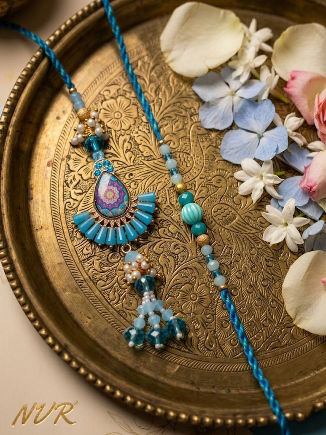 Dhiyona Set Of 2 Transparent Beads Pear Shape Bhaiya Bhabhi Rakhi With Roli Chawal Chandan