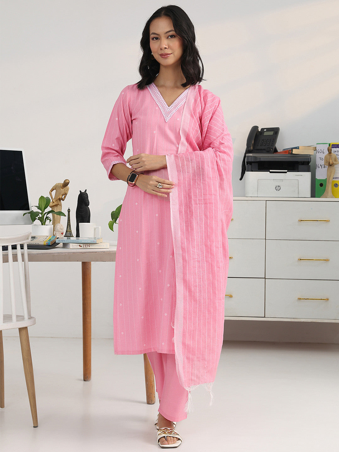 Women Ethnic Motifs Printed Regular Cotton Blend Kurta with Trousers & With Dupatta