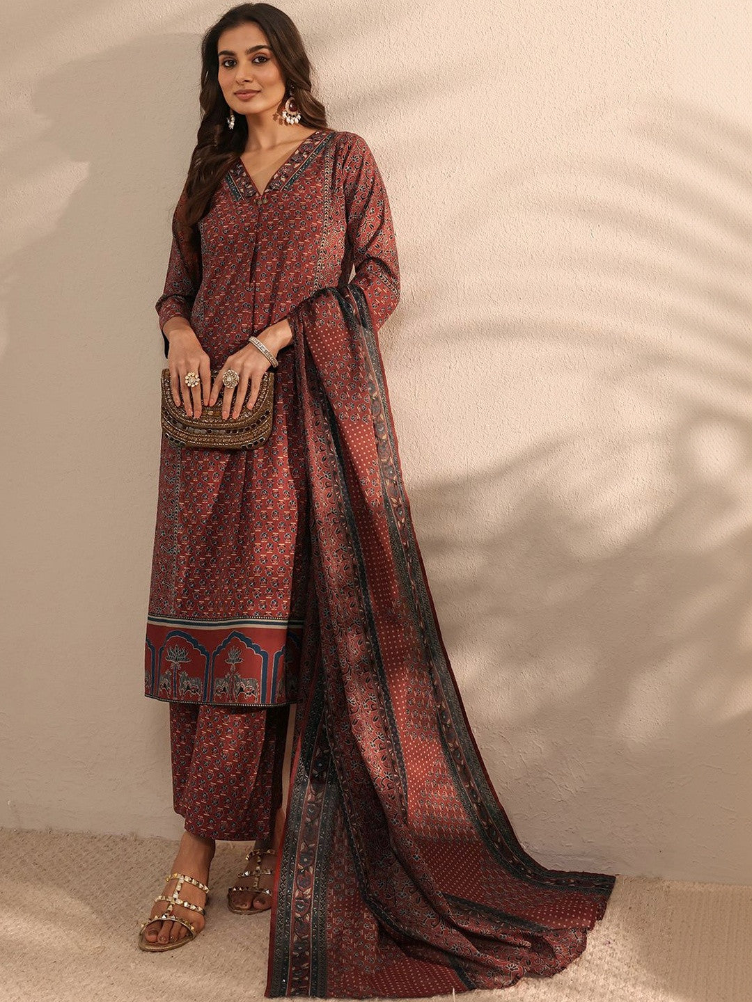 Maroon Ajrakh Printed Cotton A-Line Suit Set with Dupatta