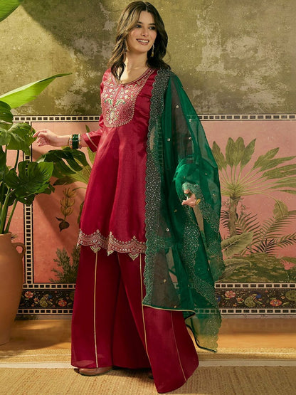 Dhiyona SN Embroidered A-Line Kurta With Palazzo & Dupatta