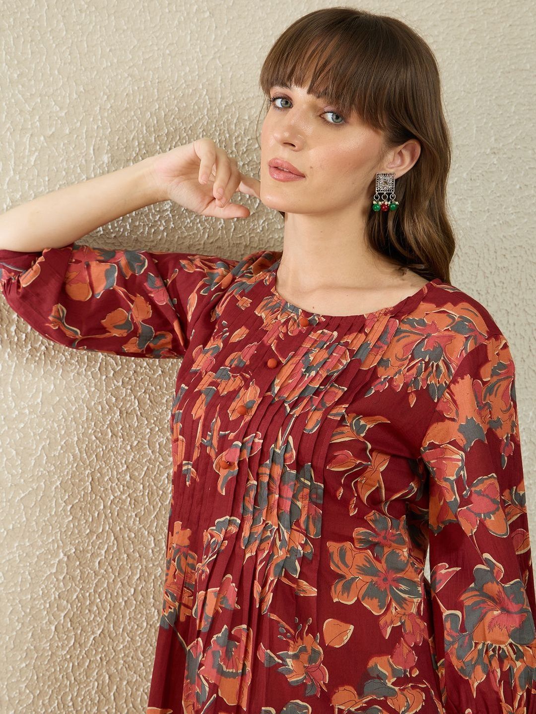 Dhiyona IE Printed V-Neck Three-Quarter Sleeves Pure Cotton Tunic And Trousers