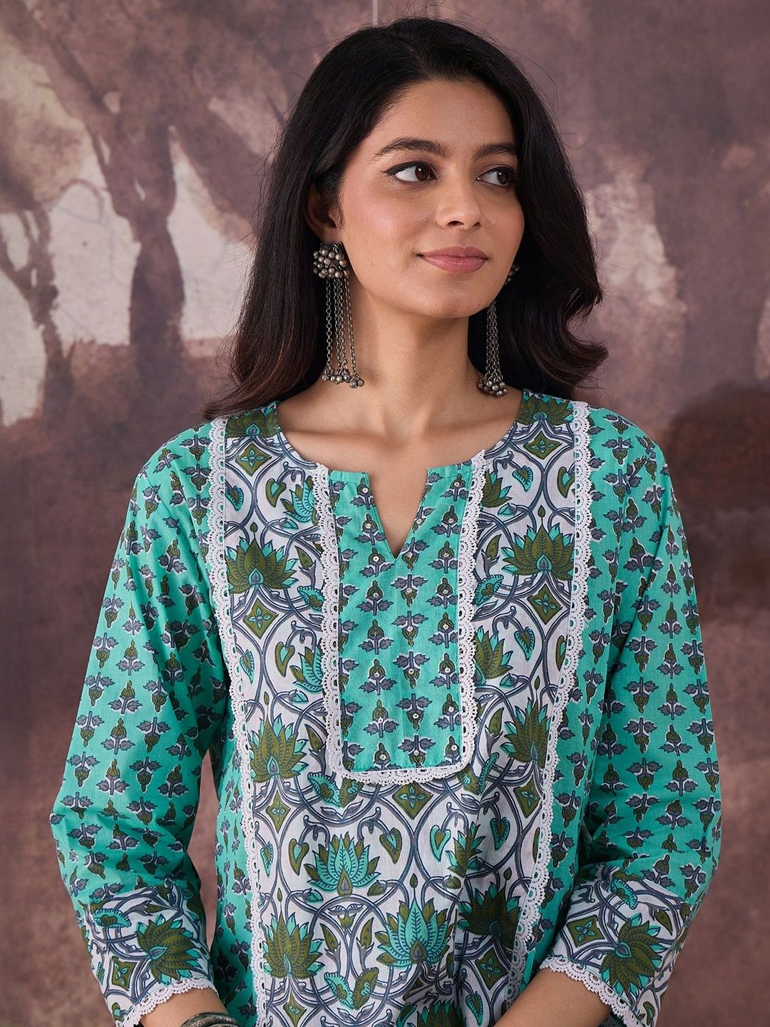 Ethnic Motifs Printed Notch Neck Pure Cotton Straight Kurta With Palazzos