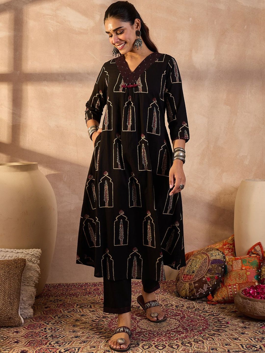 Dhiyona IE Women Ethnic Motifs Printed Regular Sequinned Pure Cotton Kurta with Trousers