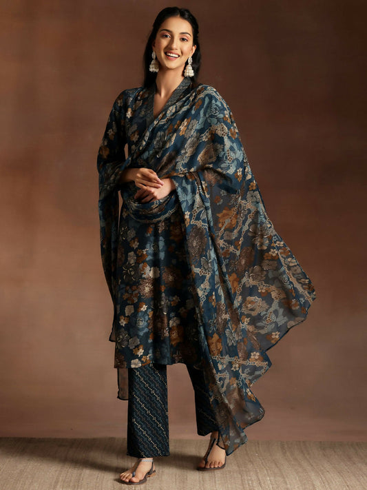 Women's LB Blue Printed Silk Blend Straight Suit With Dupatta